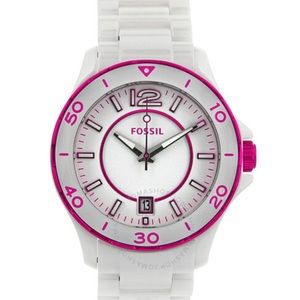 FOSSIL white dial and magenta ceramic bracelet watch